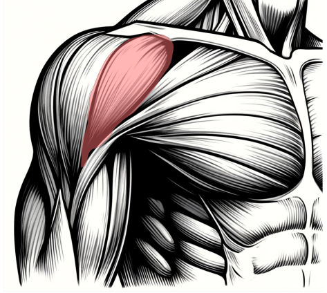 An anatomical illustration highlighting the deltoid muscle (shoulder) in red, demonstrating the type of anatomical knowledge covered in a personal trainer certification.